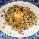 Huevo con habitas. Restaurante Cosme Palacio. Laguardia