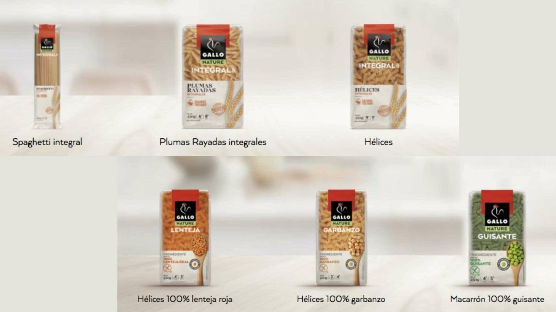 Variedad de Pasta Gallo Integral y Pasta Gallo 100% Legumbres